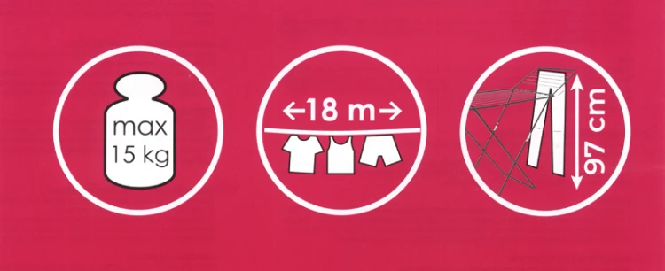 Parametry suszarki Stabilo: udźwig 15 kg, długość suszenia 18 m, wysokość 97 cm