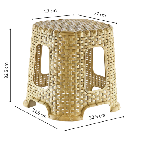 Taboret plastikowy rattanowy – wymiary: 32,5 cm wysokości, siedzisko 27 × 27 cm, podstawa 32,5 × 32,5 cm