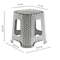 Taboret plastikowy rattanowy – wymiary: 32,5 cm wysokości, siedzisko 27 × 27 cm, podstawa 32,5 × 32,5 cm