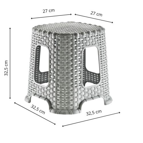 Taboret plastikowy rattanowy – wymiary: 32,5 cm wysokości, siedzisko 27 × 27 cm, podstawa 32,5 × 32,5 cm