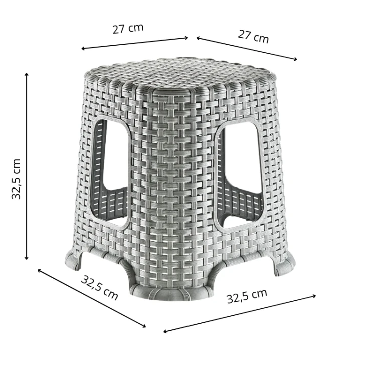 Taboret plastikowy rattanowy – wymiary: 32,5 cm wysokości, siedzisko 27 × 27 cm, podstawa 32,5 × 32,5 cm