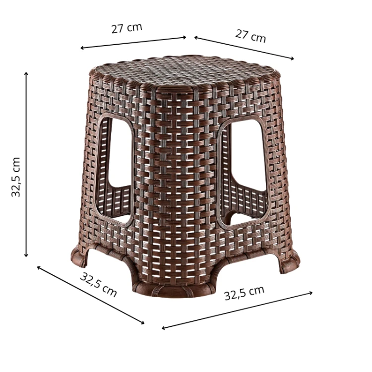 Taboret plastikowy rattanowy – wymiary: 32,5 cm wysokości, siedzisko 27 × 27 cm, podstawa 32,5 × 32,5 cm
