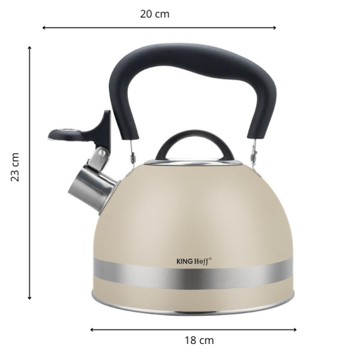 Beżowy czajnik King Hoff z widocznymi wymiarami: wysokość 23 cm, średnica podstawy 18 cm, szerokość z dzióbkiem 20 cm