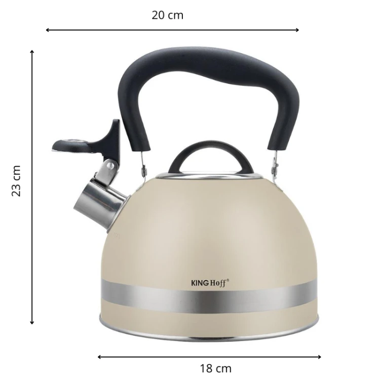 Beżowy czajnik King Hoff z widocznymi wymiarami: wysokość 23 cm, średnica podstawy 18 cm, szerokość z dzióbkiem 20 cm