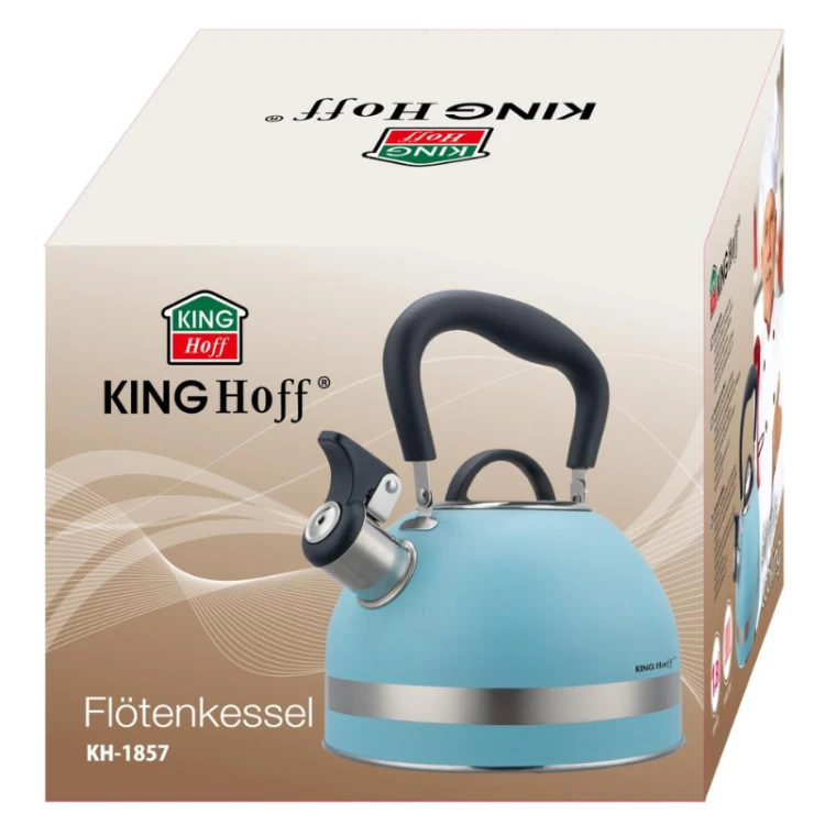Czajnik Kinghoff KH-1857 w kolorze niebieskim z gwizdkiem – prezentacja produktu na tle opakowania