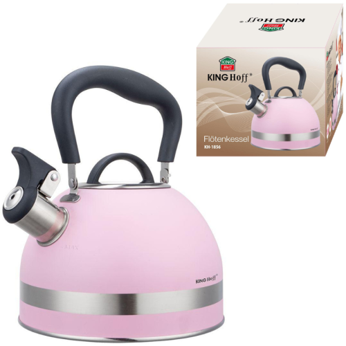 Czajnik różowy 1,8 l z gwizdkiem – widok z boku wraz z opakowaniem producenta King Hoff.