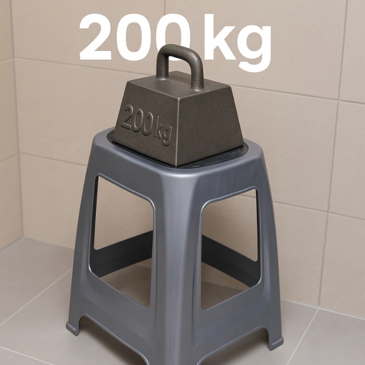 Test wytrzymałościowy taboretu plastikowego Juypal – obciążenie 200 kg na siedzisku.