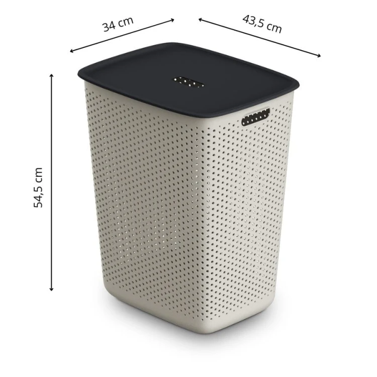 Kosz na pranie ecru 60L z czarną pokrywą – wymiary 54,5x43,5x34 cm, wentylowany pojemnik na bieliznę