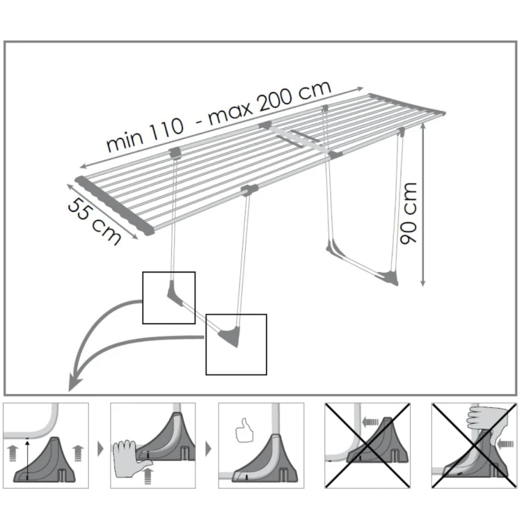 Wymiary suszarki MAGIC: 110–200 cm długości, 55 cm szerokości, 90 cm wysokości