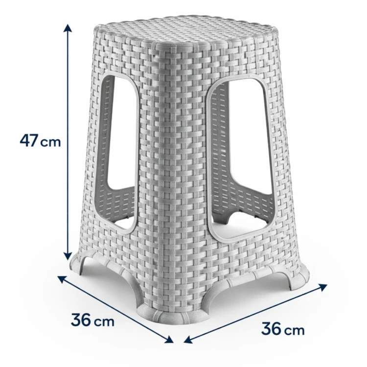 Stylowy taboret rattanowy szary z wymiarami 47x36x36 cm